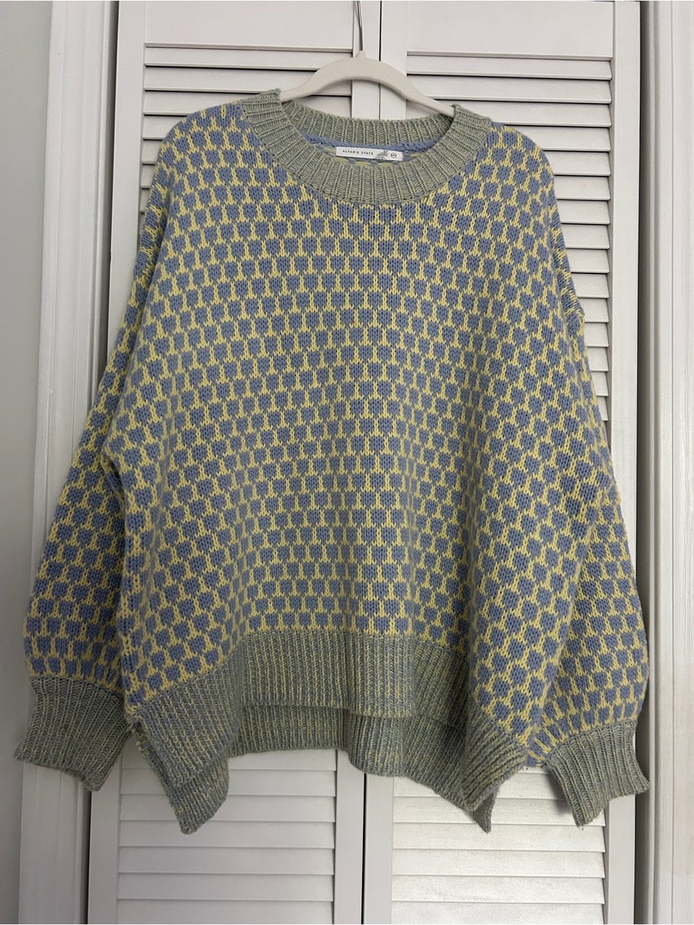 Altar'd State Sage Green & Pale Yellow Geometric Crewneck Sweater